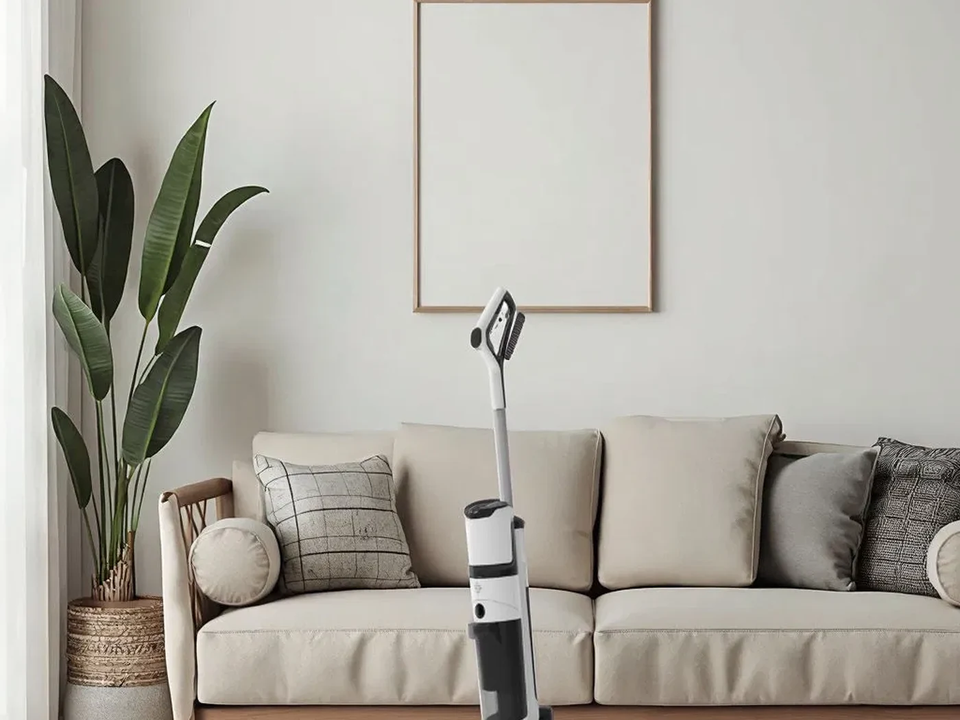 Cordless stick vacuum cleaning a living-room floor — Cliia wholesale line