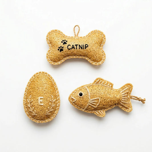 Catnip Loofah Toy 3-Piece Set — Bone, Egg, Fish